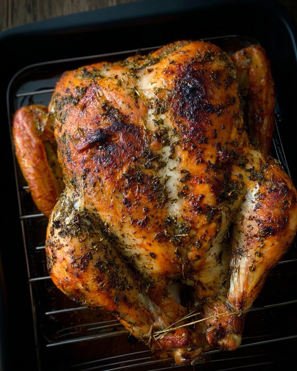 A whole roasted chicken is in a shiny silver roasting pan, resting on a white marbled surface. The chicken has golden brown skin with darker brown, crispy edges, and it is sprinkled with green herbs and black pepper all over its surface. The wings and legs are tucked close to the body, showing the roasted texture clearly. The roasting pan has two handles on each side, and the chicken sits on a black metal rack inside the pan. The background is softly blurred, showing a light-colored kitchen counter. photo taken with an iphone --ar 4:5 --v 7