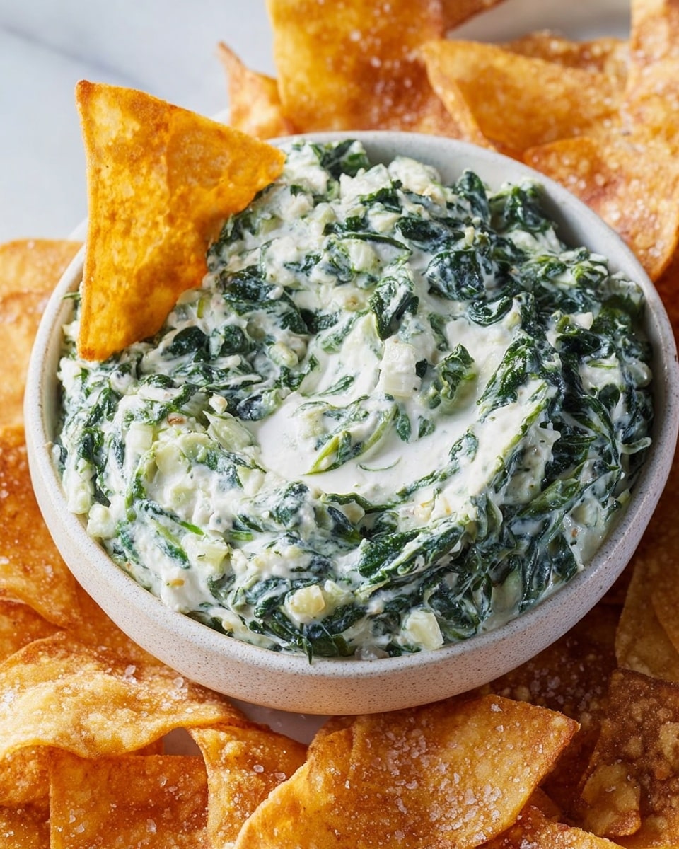 A white bowl filled with creamy spinach dip showing layers of bright green spinach leaves mixed with thick, white creamy sauce that has small chunks and a slightly textured surface. The bowl sits on a white marbled surface surrounded by golden, crispy, triangular chips sprinkled with coarse salt, creating a contrast between the creamy dip and crunchy chips. The image is close up, focusing on the textures and colors of the dip and chips, photo taken with an iphone --ar 4:5 --v 7