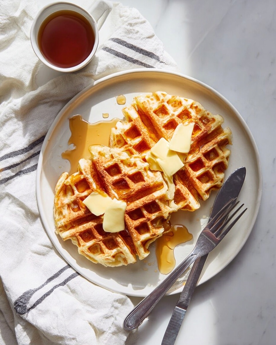 A stack of golden brown waffles is placed on a black cooling rack, showing the grid pattern and crispy texture on each waffle. The waffles are arranged in layers, some overlapping each other, with a few edges broken. To the right side of the stack, a white round container of Stonyfield Organic Greek plain whole milk yogurt is positioned on the cooling rack. The background is a white marbled surface. The photo is taken with an iphone --ar 4:5 --v 7