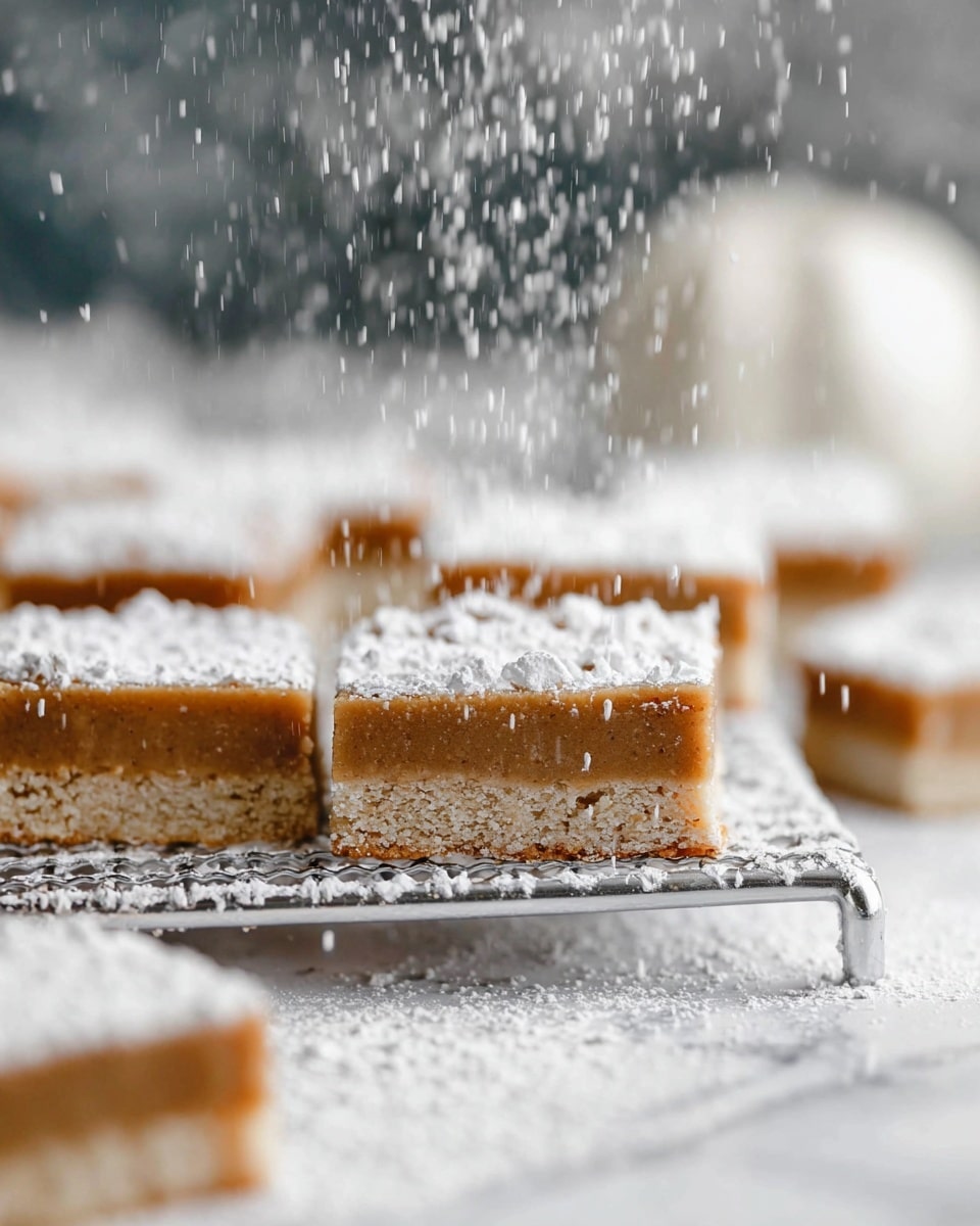 The image shows small square dessert bars arranged on a white wire rack over a white marbled surface. Each bar has two layers: a thicker, smooth, light brown top layer and a thinner, crumbly beige bottom layer. The bars are dusted heavily with white powdered sugar that is falling down in the scene, creating a snowy effect. The background is softly blurred, with more bars and a white round object visible in soft focus. photo taken with an iphone --ar 4:5 --v 7