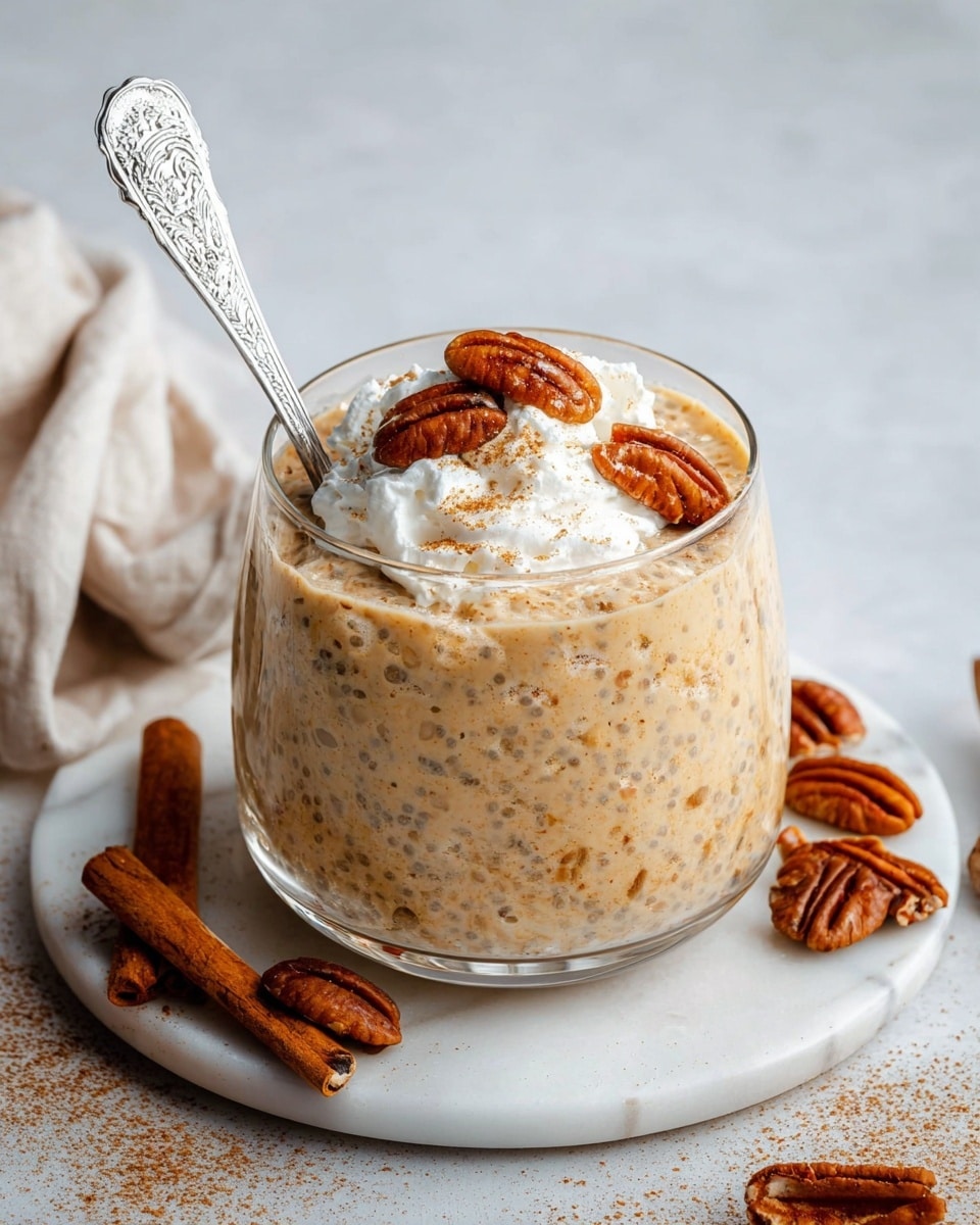 Two clear glass bowls sit on a white marbled round board, each filled with a creamy, light brown oatmeal-like mixture with visible oats. On top of both bowls is a swirl of white whipped cream, sprinkled with small cinnamon powder and chunky, deep brown pecan nuts scattered unevenly. A vintage-style silver spoon leans inside the top bowl. Around the board are whole cinnamon sticks and scattered pecans on the white marbled surface. The overall colors are warm creamy browns, white, and soft cinnamon tones. photo taken with an iphone --ar 4:5 --v 7