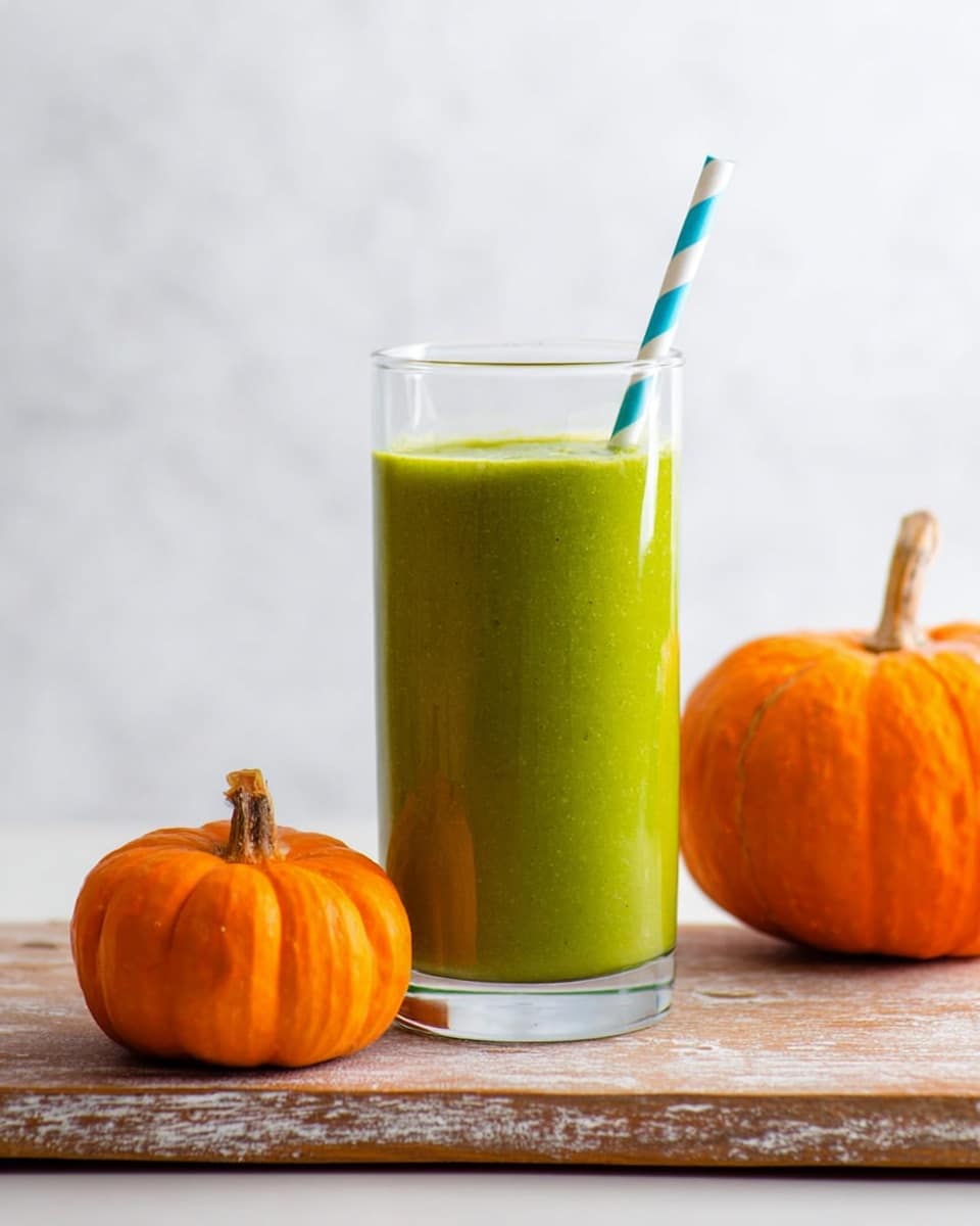 In the center of the image is a clear glass cup filled with bright green smoothie with smooth texture and a blue patterned straw inside it. Around the cup, there are five small pumpkins of orange and white colors, along with a yellow banana in the upper left corner. Scattered spinach leaves with deep green color are spread across the white marbled surface in the background, giving a fresh and natural feel. photo taken with an iphone --ar 4:5 --v 7