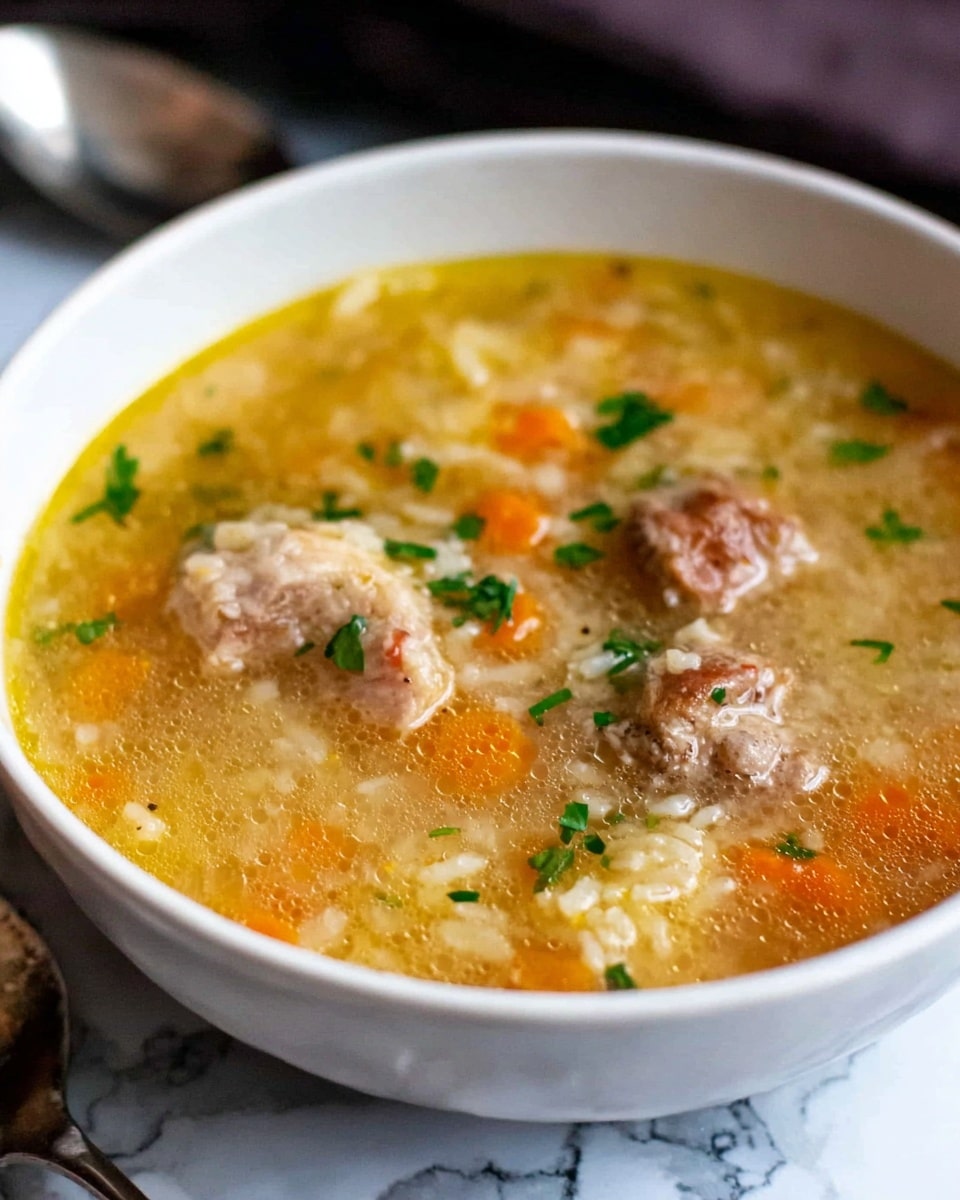 A close-up view of a white bowl filled with clear broth soup containing small orange carrot pieces, light yellow rice, and chunks of light brown meat floating on the surface. Small green herbs are sprinkled on top, adding a fresh touch. The bowl sits on a surface with a white marbled texture, with part of a spoon visible on the left side. photo taken with an iphone --ar 4:5 --v 7