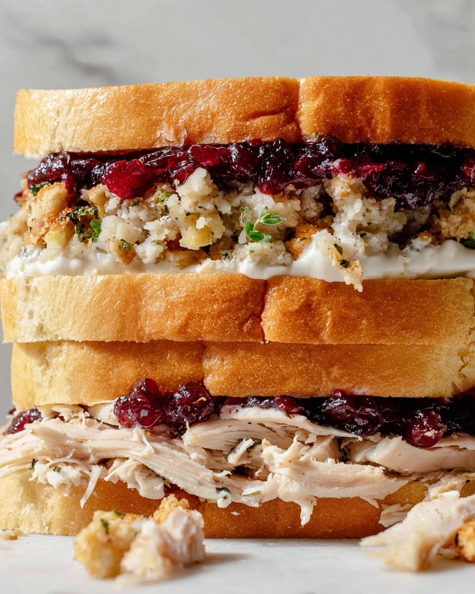 The image shows a close-up of a layered sandwich with three thick slices of soft, light brown bread. The bottom layer contains shredded turkey meat, topped with a thick layer of dark red cranberry sauce. Above this is a middle slice of bread, followed by a thick layer of light brown stuffing with bits of green herbs scattered on top. Above the stuffing is another layer of dark red cranberry sauce, topped by a spread of white mayonnaise on the top slice of bread. The sandwich rests directly on a white marbled surface, with a few shreds of turkey spilling out in front. Photo taken with an iphone --ar 4:5 --v 7