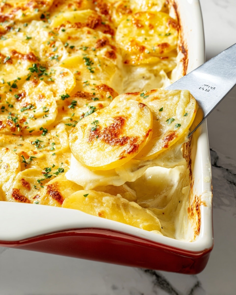 A close-up view of a creamy potato dish in a white rectangular baking dish with a red handle, showing about three layers of thinly sliced potatoes. The top layer is golden yellow with melted cheese that has small browned spots and is sprinkled with finely chopped green herbs. A metal spatula is scooping up some of the soft potatoes, revealing the smooth, creamy texture underneath. The dish sits on a white marbled surface. Photo taken with an iphone --ar 4:5 --v 7