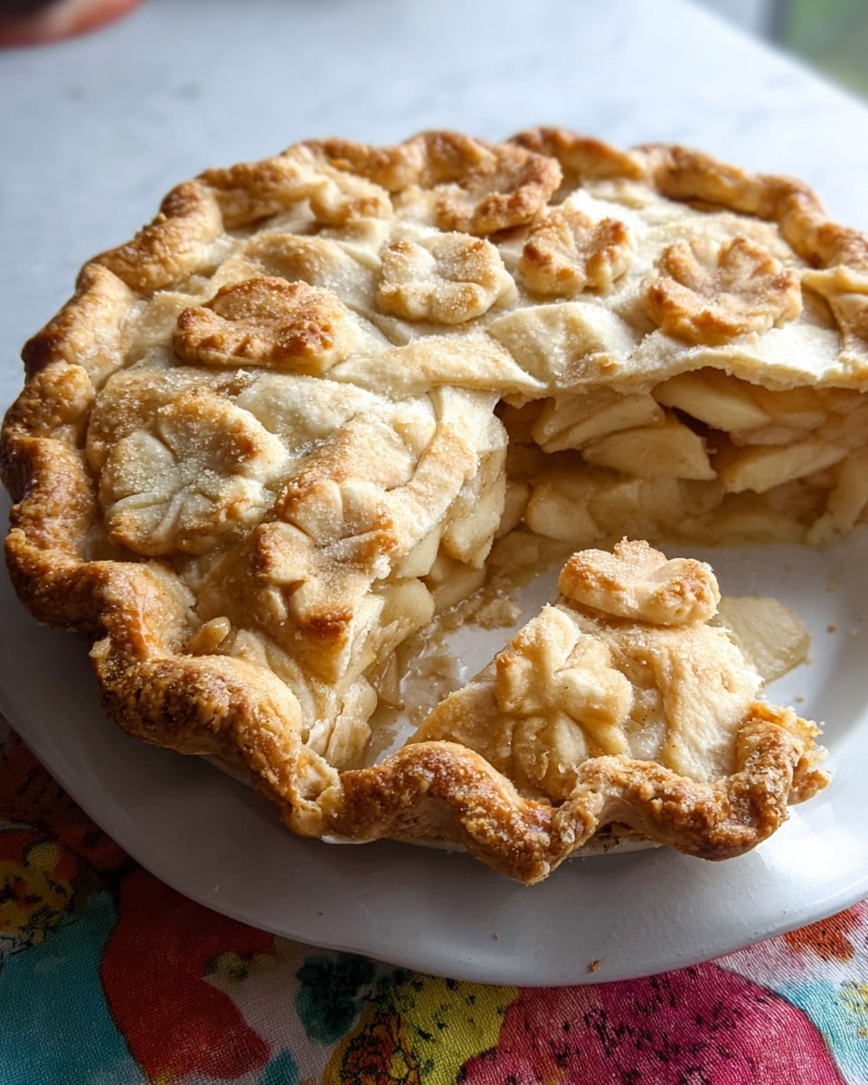 A apple pie with a golden brown lattice crust showing crispy, flaky layers on top, sitting on a white plate with a slice removed, revealing multiple thick layers of cooked apple slices inside that are light orange and juicy; the crust edges are crimped and slightly darker brown, and the pie rests on a white marbled surface with a brown cloth nearby, a clear glass mug with black coffee, a blue glass of water, and white plates with gold forks in the background. photo taken with an iphone --ar 4:5 --v 7