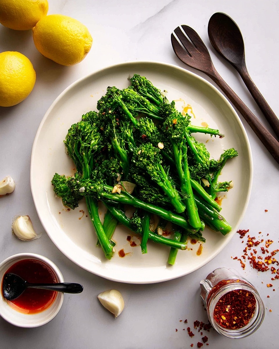 A white plate filled with bright green broccolini arranged in a slightly messy pile, glistening with oil and small bits of seasoning, with a black spoon and fork resting on the right side of the plate. Around the plate on a white marbled surface are two whole yellow lemons in the top left corner, three garlic cloves in the bottom left corner, a small white bowl with a spoon holding a reddish sauce to the left, and a small jar of red spice with some spilled on the surface to the right, alongside a small silver spoon. The photo taken with an iphone --ar 4:5 --v 7