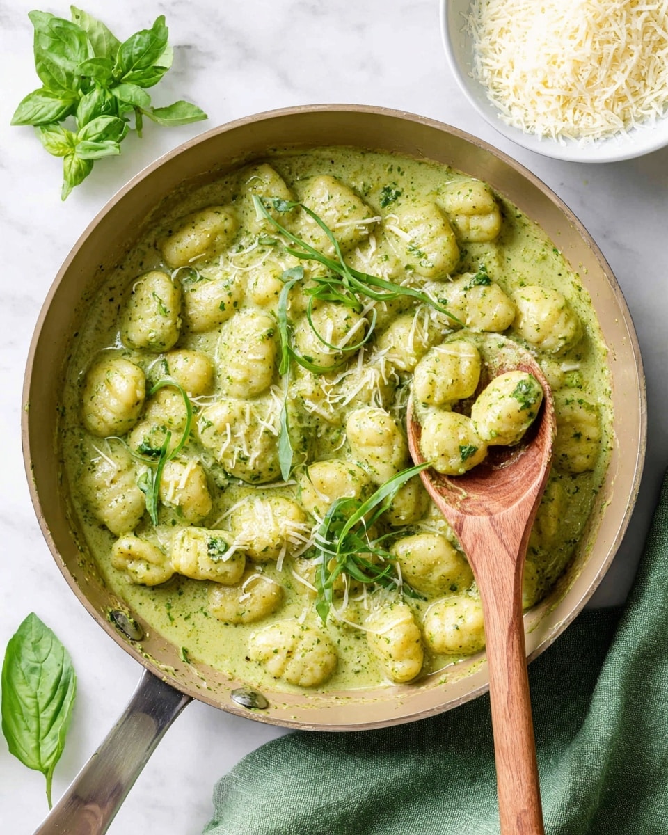 A large silver pan holds a creamy green sauce with small, round gnocchi pieces coated evenly. Thin strips of fresh green herbs are scattered on top, adding texture and a pop of brighter green. A wooden spoon is scooping some gnocchi in the sauce from the right side of the pan. Above the pan, a white bowl is filled with grated light yellow cheese. The dishes rest on a white marbled surface, with a sprig of fresh basil and a green cloth visible near the pan. Photo taken with an iphone --ar 4:5 --v 7