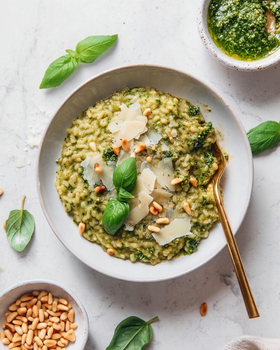 A white bowl holds a creamy green risotto as the main layer, textured with visible rice grains mixed with green sauce. On top, there are irregular pale yellow cheese slices scattered, some fresh green basil leaves and golden toasted pine nuts. A gold fork rests inside the bowl on the right side, partially touching the risotto. Nearby, a small white bowl filled with pine nuts and another white bowl with green pesto sauce are placed on a white marbled surface, with a few loose basil leaves and pine nuts scattered around. photo taken with an iphone --ar 4:5 --v 7