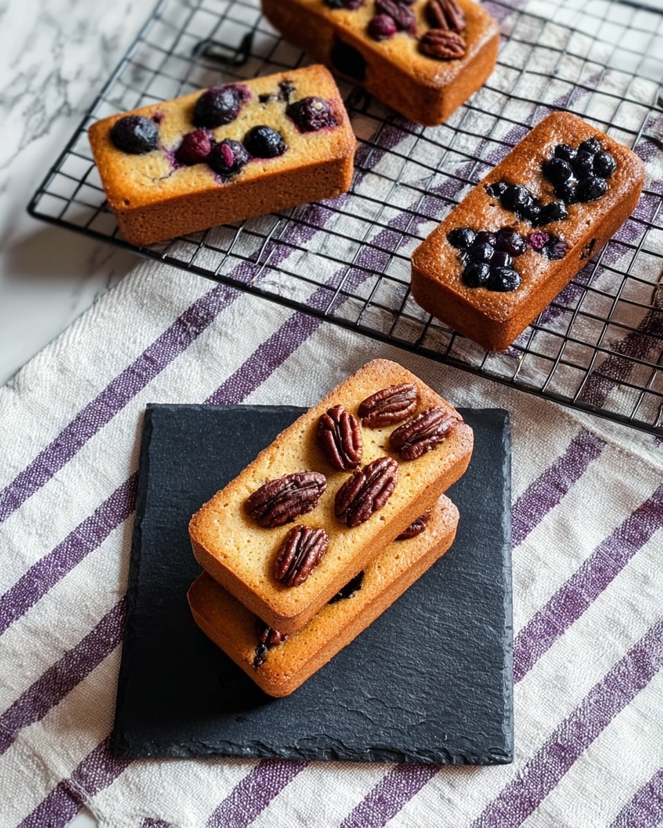 The image shows a red silicone baking mold with twelve rectangular mini cakes arranged in three rows of four. The top row contains light brown cakes studded with melted dark chocolate chips, some partially sunken in the surface. The middle row shows marbled cakes with a two-tone mix of light brown and darker chocolate, topped with large pecan halves. The bottom row has pale yellow cakes with whole dark berries embedded along their length, creating dark purple spots on the surface. The mold rests on a white marbled countertop. photo taken with an iphone --ar 4:5 --v 7