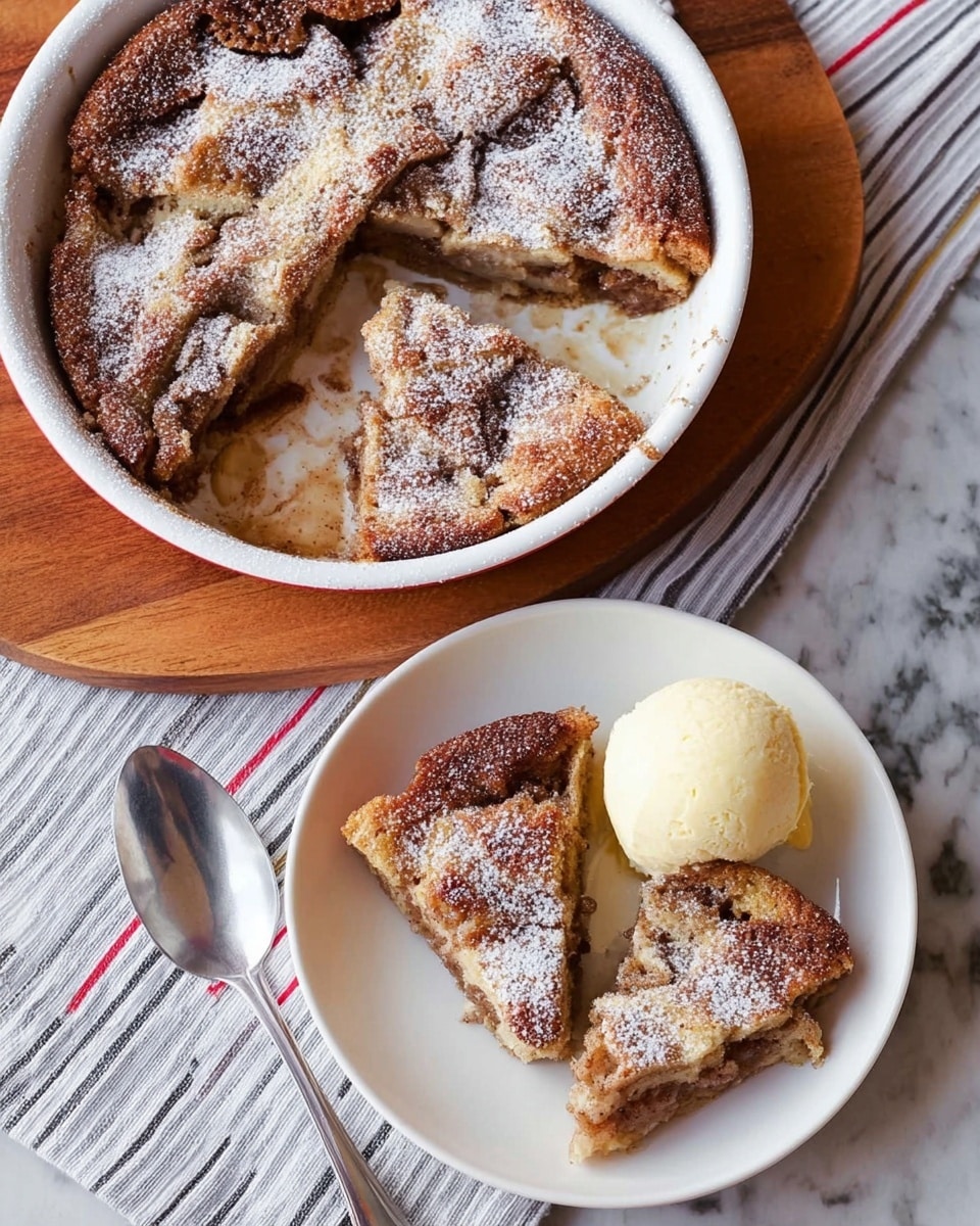 In the white bowl, there is a serving of bread pudding with a light brown color and a slightly crispy top layer dusted with powdered sugar. The bread pieces are chunky and mixed with dark raisins visible throughout. To the side, there is a scoop of creamy, pale yellow vanilla ice cream with a smooth texture. The bowl rests on a white marbled surface with a red cloth with white polka dots nearby. photo taken with an iphone --ar 4:5 --v 7