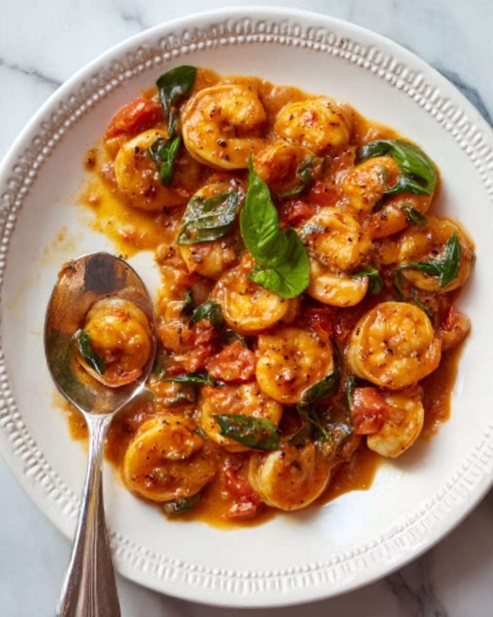 A white decorative plate holds a dish of shrimp in a reddish-orange sauce with visible chunks of tomato and wilted green basil leaves scattered throughout. The shrimp are plump and pinkish-orange, mixed evenly with the sauce. A silver spoon is placed inside the dish, showing some sauce on it, resting towards the left side. The plate sits on a white marbled surface. photo taken with an iphone --ar 4:5 --v 7