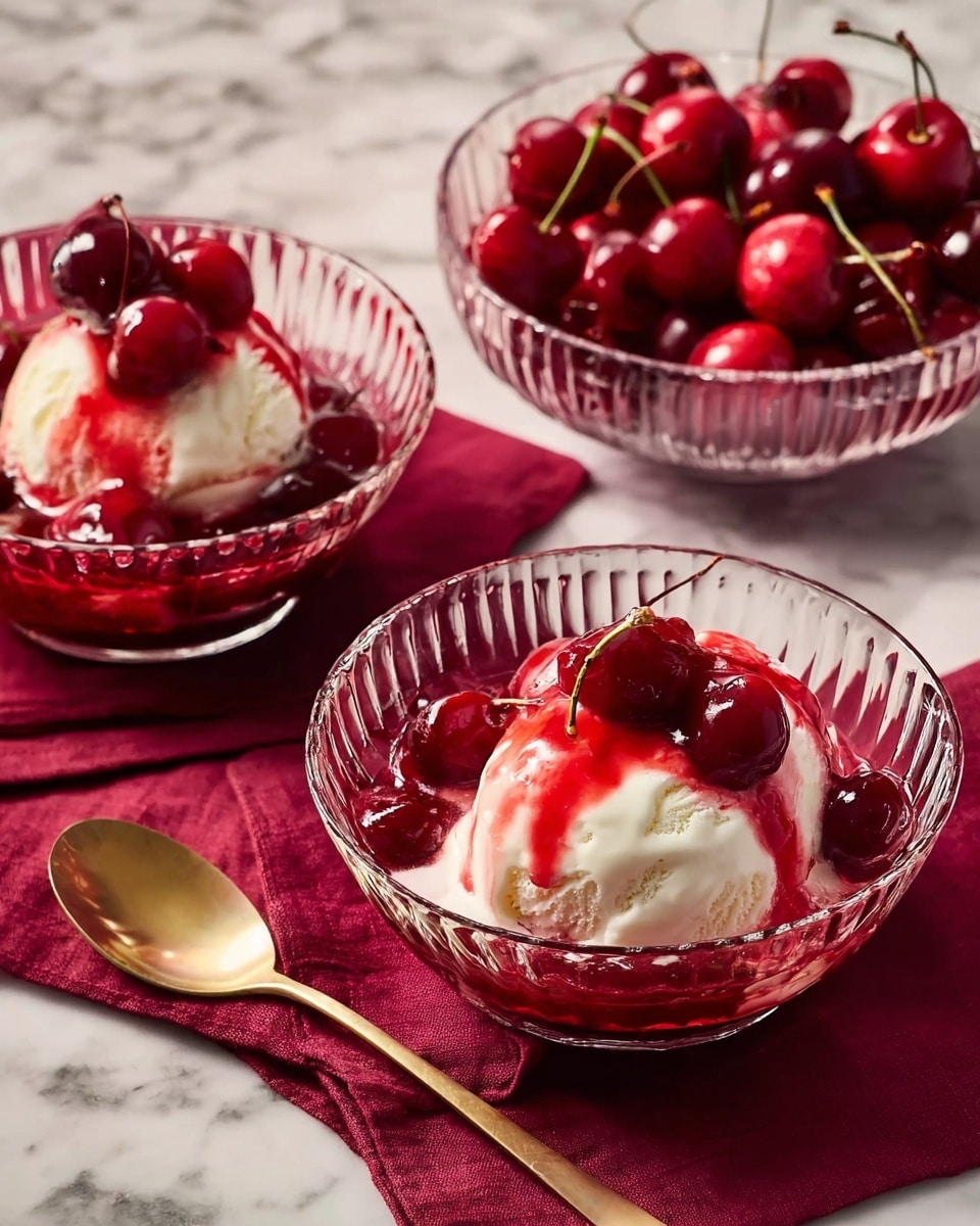The image shows two round glass bowls on a white marbled surface. The larger bowl on the right is filled with a glossy, deep red cherry sauce with whole cherries, some darker and some brighter in color, sitting in thick syrup. The smaller bowl on the left contains a scoop of creamy white ice cream topped with the same cherry sauce dripping over the sides, creating a mix of red and white colors. The bowls have a decorative, scalloped edge that catches the light, creating soft shadows around them. photo taken with an iphone --ar 4:5 --v 7