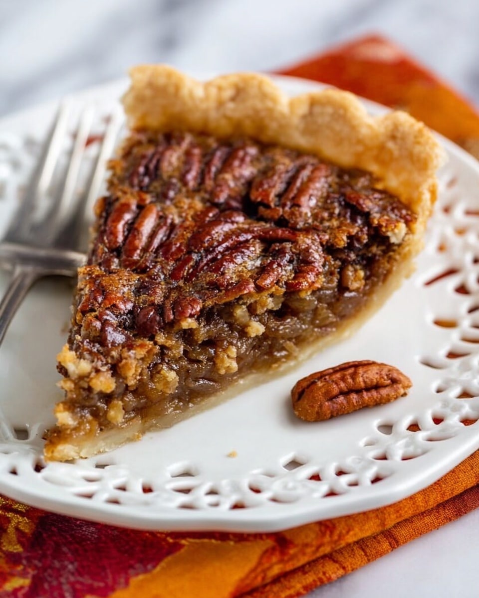 A single slice of pecan pie sits on a white plate with intricate cut-out edges. The pie has a golden-brown crust with a slightly flaky texture around the edges. The top layer is covered with large, glossy pecan halves arranged closely together in a rich, caramelized filling. The filling beneath the nuts is a dark amber color, smooth and sticky. Two small pecan pieces are placed near the slice on the plate. A silver fork rests beside the pie slice. The background is a white marbled surface with an orange and red fabric napkin partially visible under the plate. Photo taken with an iphone --ar 4:5 --v 7