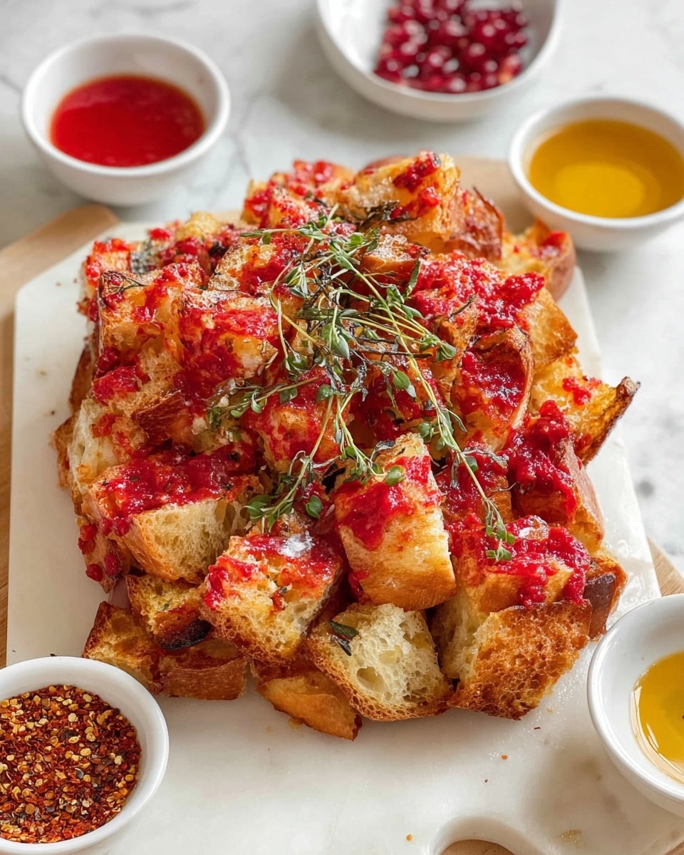The dish shows a pile of toasted bread pieces with a golden-brown crust spread with bright red sauce, giving it a vibrant look. Scattered on top are small green sprigs of herbs, adding fresh color. The bread is torn into rough chunks, stacked unevenly to create a textured and layered appearance, with some pieces more soaked in the sauce than others. Around the main dish are small white bowls holding a red spice mix, bright red sauce, and a golden liquid, all set on a white marbled surface. photo taken with an iphone --ar 4:5 --v 7