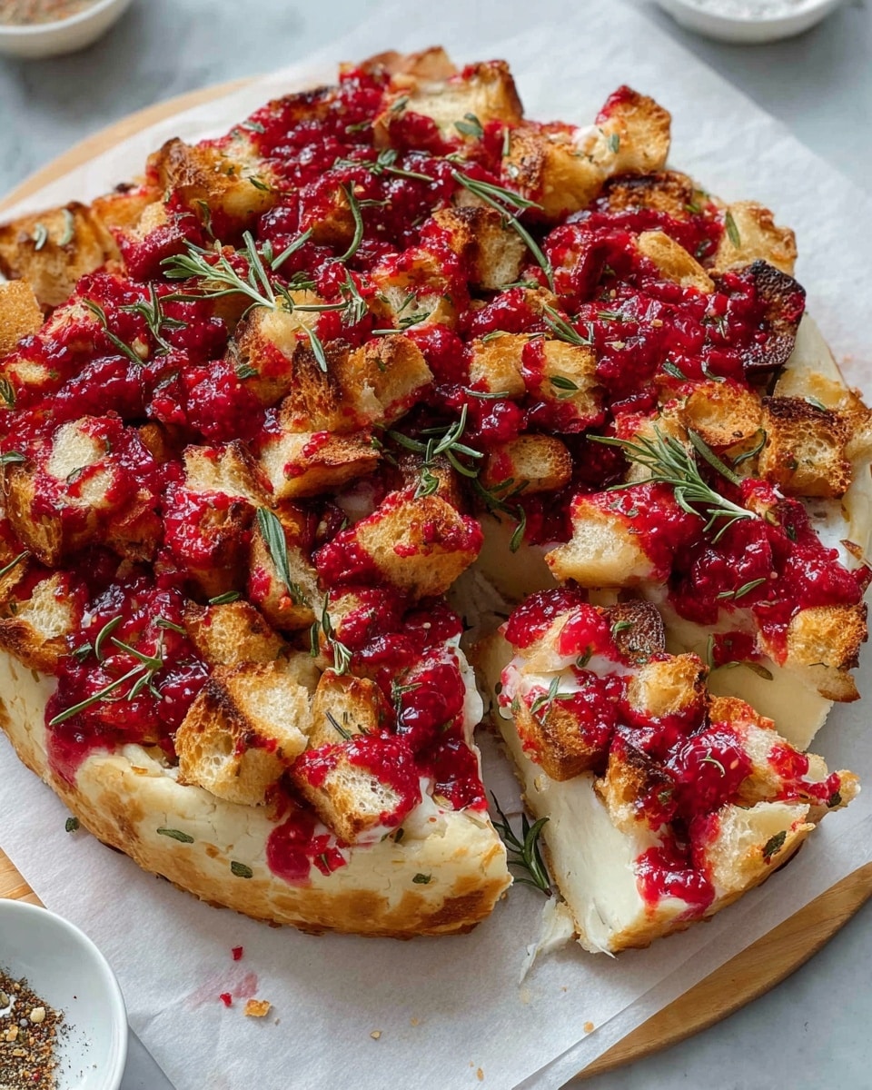 The image shows a round tart with a crust that is pale and slightly golden at the edges. On top, there are pieces of light brown, crispy bread chunks interspersed with bright red crushed raspberries spread unevenly around. The raspberries have a juicy and slightly glossy texture. Fresh green herb sprigs, likely rosemary, are scattered on top, adding a touch of color contrast and freshness. The tart sits on white parchment paper placed on a white marbled surface, and two small white bowls with spices are partially visible at the bottom corners. Photo taken with an iphone --ar 4:5 --v 7
