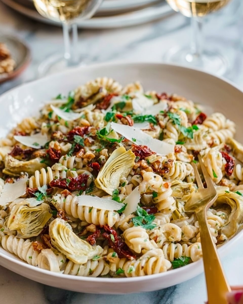 A white shallow bowl filled with creamy pasta on a white marbled surface, featuring thick spiral noodles mixed with sliced artichoke hearts that are pale green and tender in texture. The dish is scattered with sun-dried tomato strips in dark red hues, pine nuts, and small, light brown walnut pieces. Fresh green parsley leaves and thin, off-white cheese shavings are sprinkled evenly across the top, adding color contrast and texture. A woman's hand is holding a gold-colored fork close to the bowl. The background shows blurred glasses and a white marbled surface. photo taken with an iphone --ar 4:5 --v 7