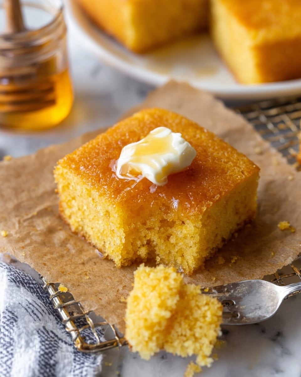 A single square piece of golden cornbread is shown on a small piece of brown parchment paper placed on a cooling rack. The cornbread has a moist texture and a warm orange-yellow color. On top, there is a dollop of melting butter that looks soft and creamy, slightly spreading onto the surface. A fork is holding a small triangular bite of the cornbread near the bottom right corner. The background shows part of a white plate with more cornbread pieces and a blurred jar of golden honey or syrup. The surface beneath everything is a white marbled texture. Photo taken with an iphone --ar 4:5 --v 7