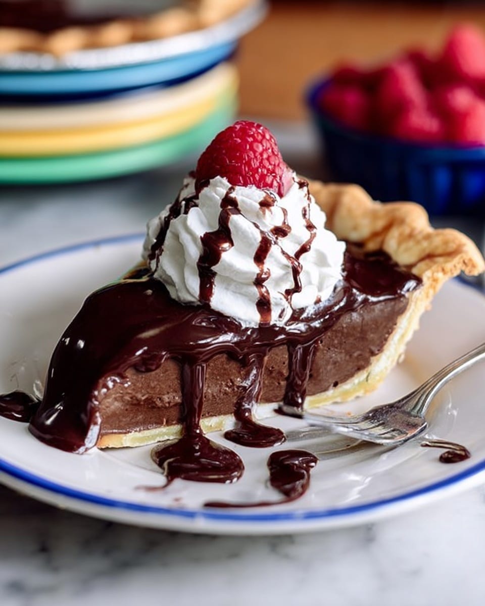 A slice of chocolate pie with three layers is on a white plate with a blue rim. The bottom layer is a light brown flaky crust, the middle is a thick dark chocolate filling, and the top is glossy dark chocolate sauce dripping down the sides. On top, there is a swirl of white whipped cream with a red raspberry placed beside it. Extra chocolate sauce is drizzled on the plate forming a pattern near the slice. A silver fork rests on the right edge of the plate. In the blurred background, a stack of colorful plates and a container of raspberries sit on a white marbled surface. photo taken with an iphone --ar 4:5 --v 7