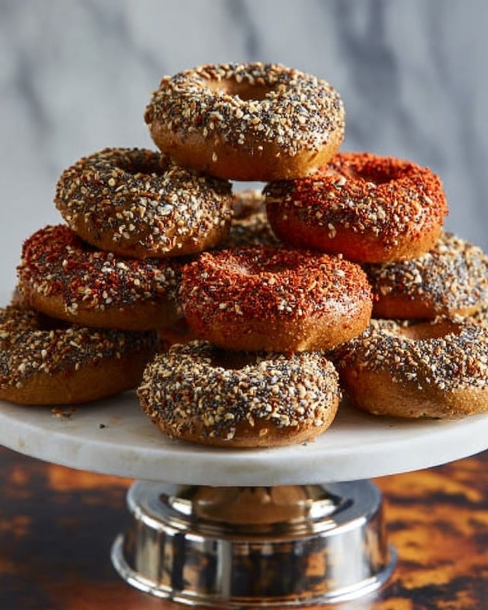 A stack of seven bagels with a shiny reddish-brown glaze sits on a white cake stand with a silver base. Each bagel is topped with a mix of seeds including sesame, poppy, and perhaps bits of dried onion, giving a textured appearance. The bagels are evenly spaced, with three standing leaning against each other on the top layer and four resting below. The background shows a white marbled surface and a blurred brown wooden texture, adding contrast to the warm colors of the bagels. The light reflects off the glaze, making the seeds and the smooth surface of the bagels stand out photo taken with an iphone --ar 4:5 --v 7