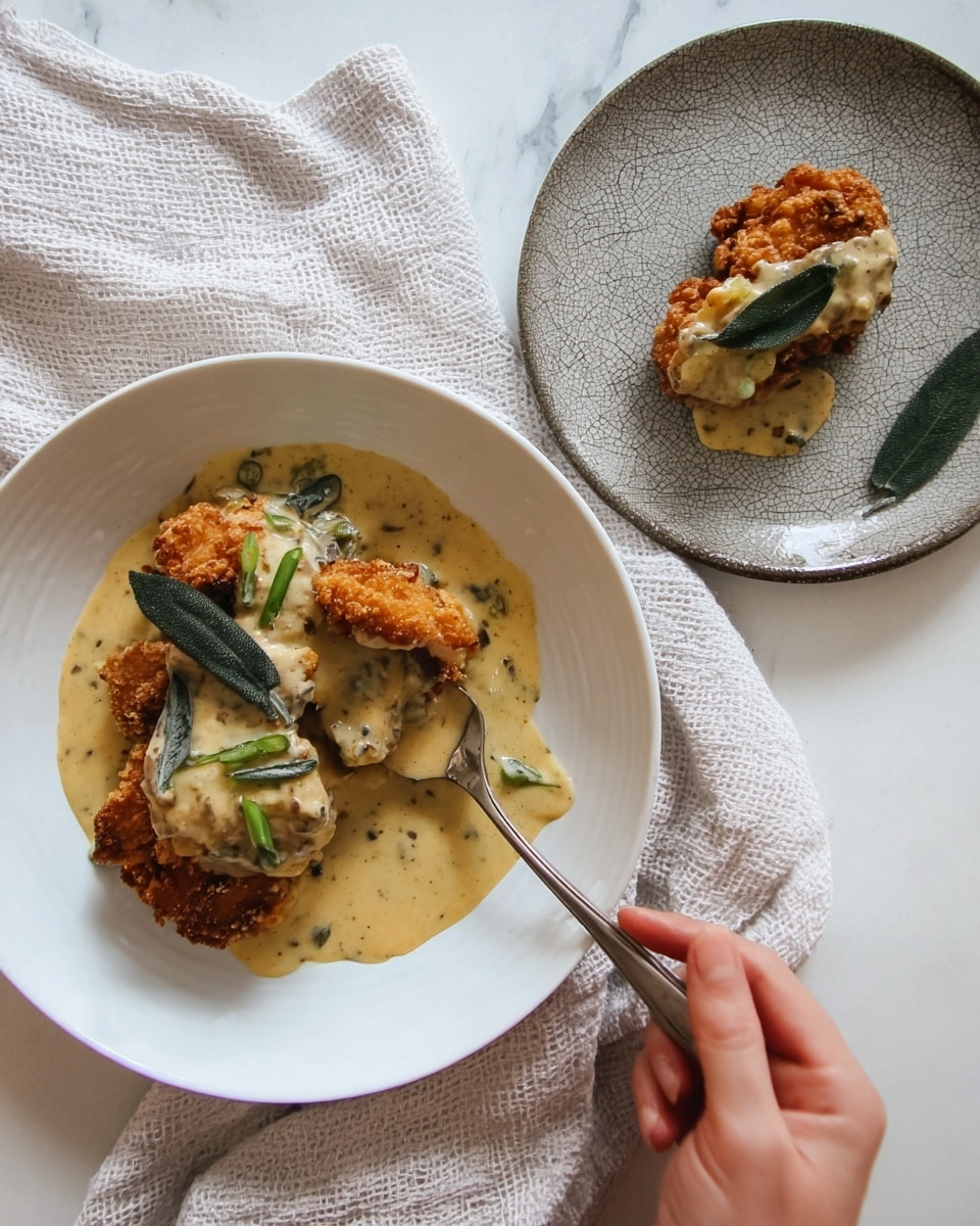 The image shows two dishes on a white marbled surface, one is a white plate with a serving of crispy fried golden-brown chicken pieces covered in a thick pale yellow cream sauce with visible green herbs, garnished with whole dark green sage leaves. A silver spoon rests on the plate, partially under the sauce. Next to it, there is a rustic textured light grey plate holding a single piece of the fried chicken, topped with the same yellow cream sauce and a sage leaf. A woman's hand is picking up the piece from the grey plate. Both dishes are set on folded light beige and white textured cloths. photo taken with an iphone --ar 4:5 --v 7