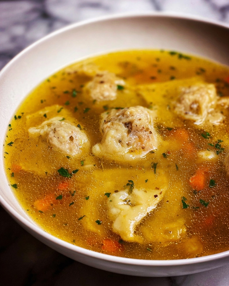 A white bowl filled with golden yellow broth containing soft, chunky pieces of light brown and off-white textured dumplings floating on the surface, garnished with small green herb bits and visible tiny pieces of orange carrot and translucent onion bits beneath the broth. The background shows a white marbled texture. Photo taken with an iphone --ar 4:5 --v 7