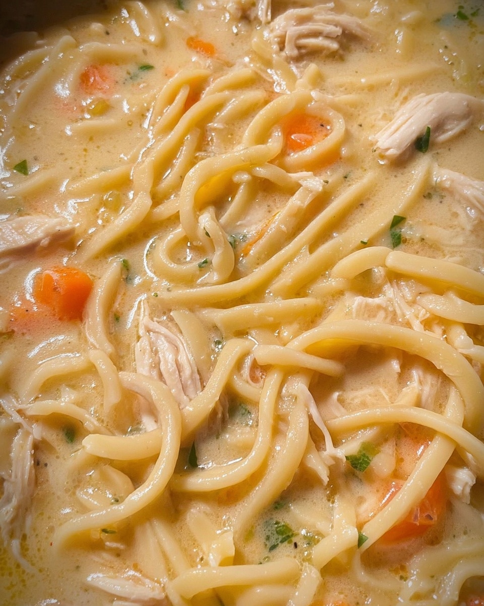 This image shows a close-up of a creamy soup with thick, pale yellow noodles spread throughout. Pieces of light beige shredded chicken are mixed evenly, along with small bits of orange carrot and green herbs. The soup broth is rich and smooth, light yellow with a slightly shiny surface. The texture looks soft and thick, filling the entire frame with no visible bowl edges. The background is a white marbled texture. photo taken with an iphone --ar 4:5 --v 7