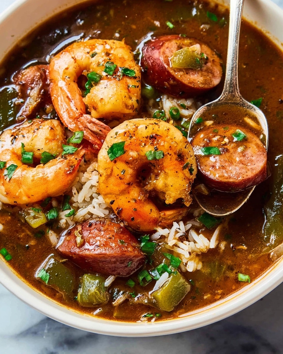 This is a close-up of a white bowl filled with a rich, brown broth that has a glossy texture. Floating in the broth are three bright orange shrimp with green herbs on top, several thick slices of glossy brown sausage, and chunks of dark green bell pepper. There are bits of green onion scattered on top and some shredded white rice mixed into the broth. A spoon rests in the bowl, holding two sausage slices and some broth with herbs. The bowl is placed on a white marbled surface photo taken with an iphone --ar 4:5 --v 7