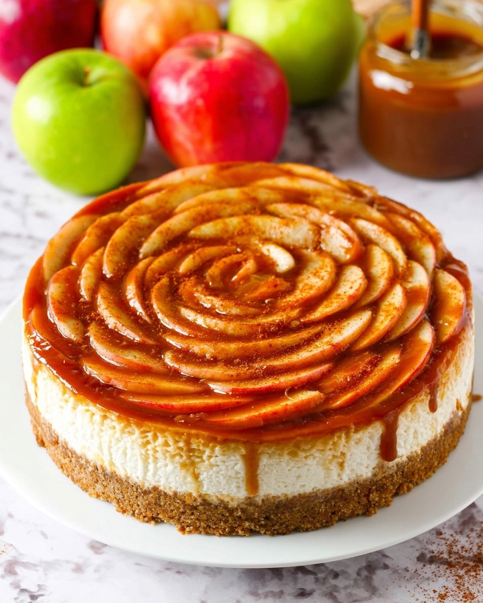 A round cheesecake with three clear layers sits on a white plate. The bottom layer is a thick, crumbly brown crust. The middle layer is creamy white from the cheesecake filling. The top layer has thin apple slices arranged in a circular rose pattern, glazed with a shiny caramel brown sauce and sprinkled lightly with cinnamon. In the background are whole apples of red, green, and yellow colors along with a jar of caramel sauce. The surface is a white marbled texture. photo taken with an iphone --ar 4:5 --v 7