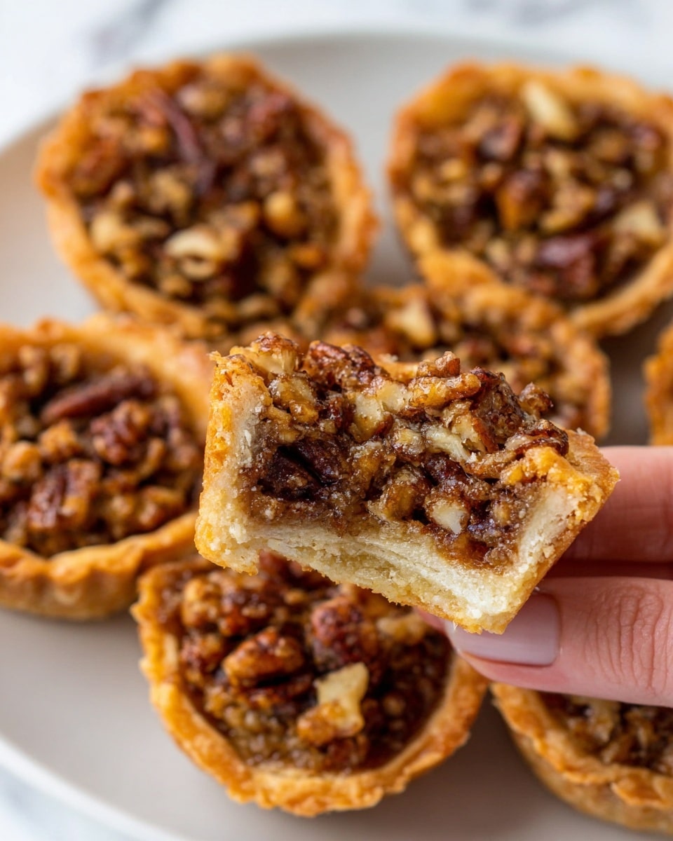 The image shows several mini pecan tarts with a golden brown crust and a rich, nutty filling. Each tart has one layer of flaky, crispy crust on the outside, holding a thick layer of chopped pecans mixed with a sticky, caramel-like filling inside. The topping looks crunchy and uneven with pieces of nuts clearly visible. In the center front, a tart is held by a woman's hand, with a bite taken out, revealing the inside texture and layers more clearly. The tarts are set on a white plate on a white marbled surface. photo taken with an iphone --ar 4:5 --v 7