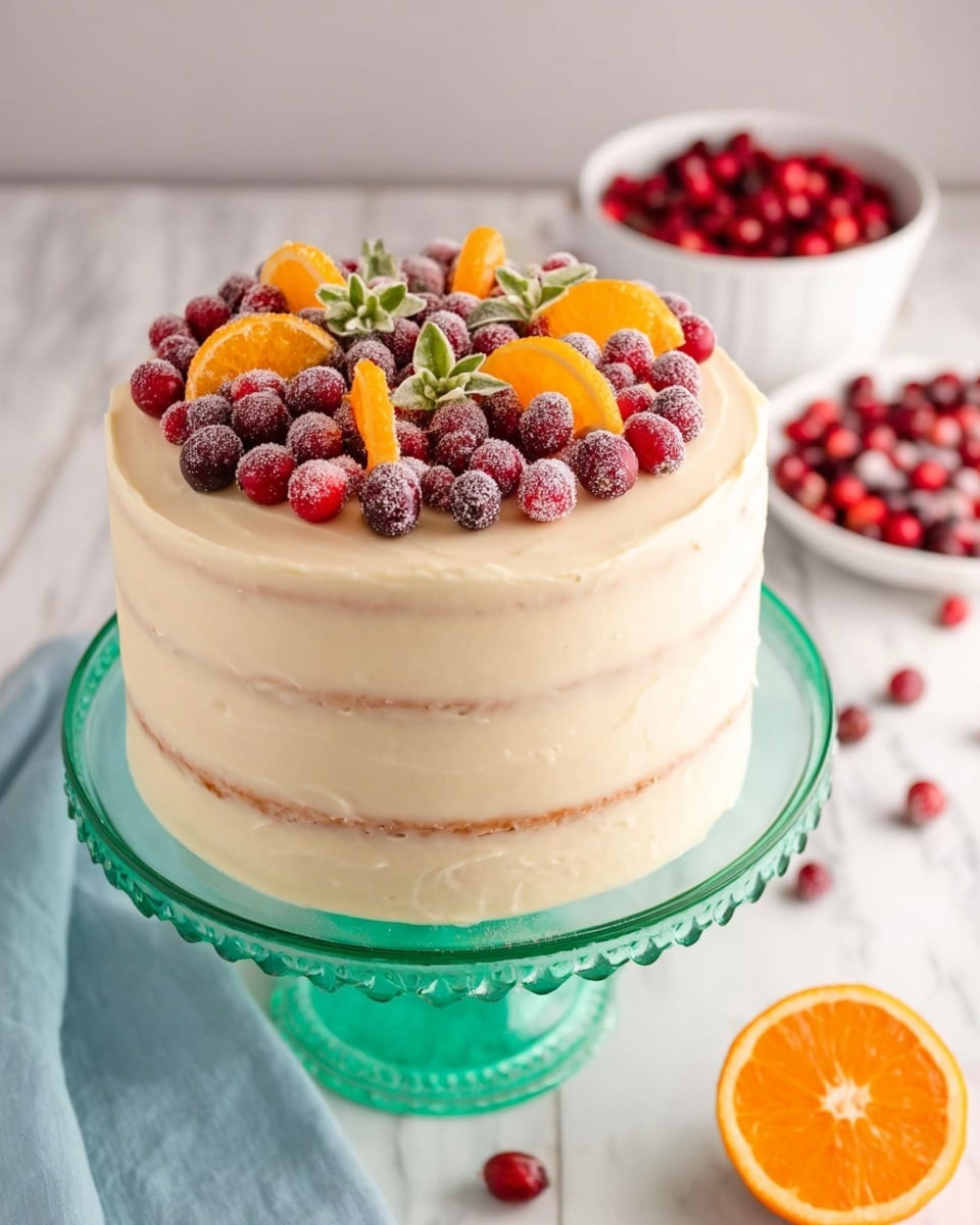 A tall, round cake with three visible thick layers is covered in smooth, light cream-colored frosting with a subtle textured pattern going around its sides. On top, there is a circle of fresh, deep red cranberries mixed with a few small green leaves and several bright orange wedges placed evenly around the crown. The cake sits on a transparent green glass stand with a scalloped edge, set against a white marbled table. Near the cake, a white bowl is filled with more cranberries, and a halved orange with a bright orange inside rests on a light blue cloth. Photo taken with an iphone --ar 4:5 --v 7