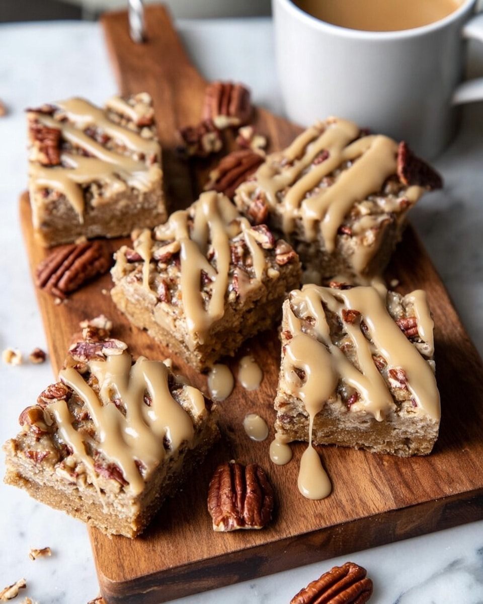 The image shows five square bars placed on a wooden board with a white cup in the top right corner. Each bar has a light brown base filled with pieces of pecans and is topped with a thick drizzle of creamy caramel sauce that flows slightly over the edges. The bars have a crumbly texture with visible nut pieces inside. Extra pecan pieces are scattered around the bars on the board, and a few small drops of caramel sauce are spread near the bars. The surface underneath the wooden board is a white marbled texture. photo taken with an iphone --ar 4:5 --v 7