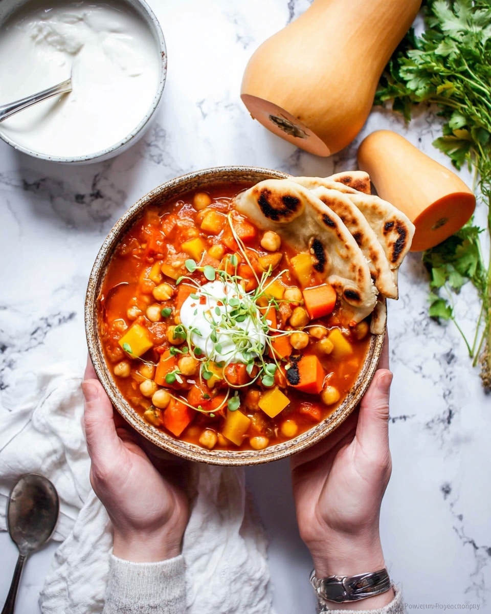 A rustic bowl filled with warm orange-red stew made of chickpeas, diced yellow and orange vegetables, and sliced carrots, topped with a dollop of white cream and small green sprouts. Three pieces of folded flatbread with dark toasted spots rest on the right edge of the bowl. The bowl is held from below by two woman's hands against a white marbled surface. Nearby is a white bowl of white creamy sauce with a silver spoon inside, two whole butternut squashes, and green leafy carrot tops. A silver spoon and white cloth are on the left side. photo taken with an iphone --ar 4:5 --v 7
