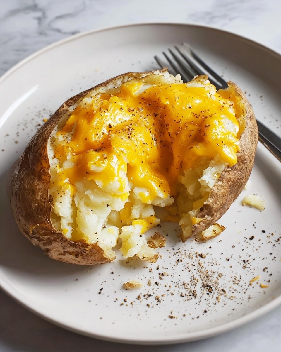 A whole baked potato split open on a white plate, filled with melted bright orange cheddar cheese covering the soft white potato inside, with some black pepper sprinkled on top and scattered around the plate edges, all placed on a white marbled surface photo taken with an iphone --ar 4:5 --v 7