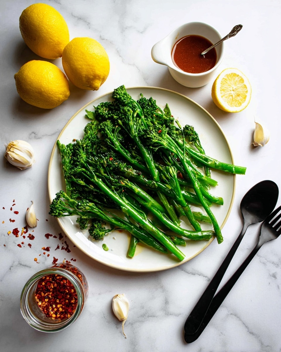 A white round plate filled with bright green broccolini, arranged in a slightly messy pile with small garlic bits and some light oil drops scattered around. On the right side of the plate, there is a dark wooden fork and spoon crossed together. The plate is set on a white marbled surface with two whole yellow lemons near the upper left edge. To the left of the plate, there is a small white bowl with red chili oil and a black spoon inside it. At the bottom left corner, there are three small garlic cloves placed on the surface. To the right of the plate, a small open jar with red chili flakes is spilling a few flakes on the white marbled surface with a small spoon on the upper right side. Photo taken with an iphone --ar 4:5 --v 7