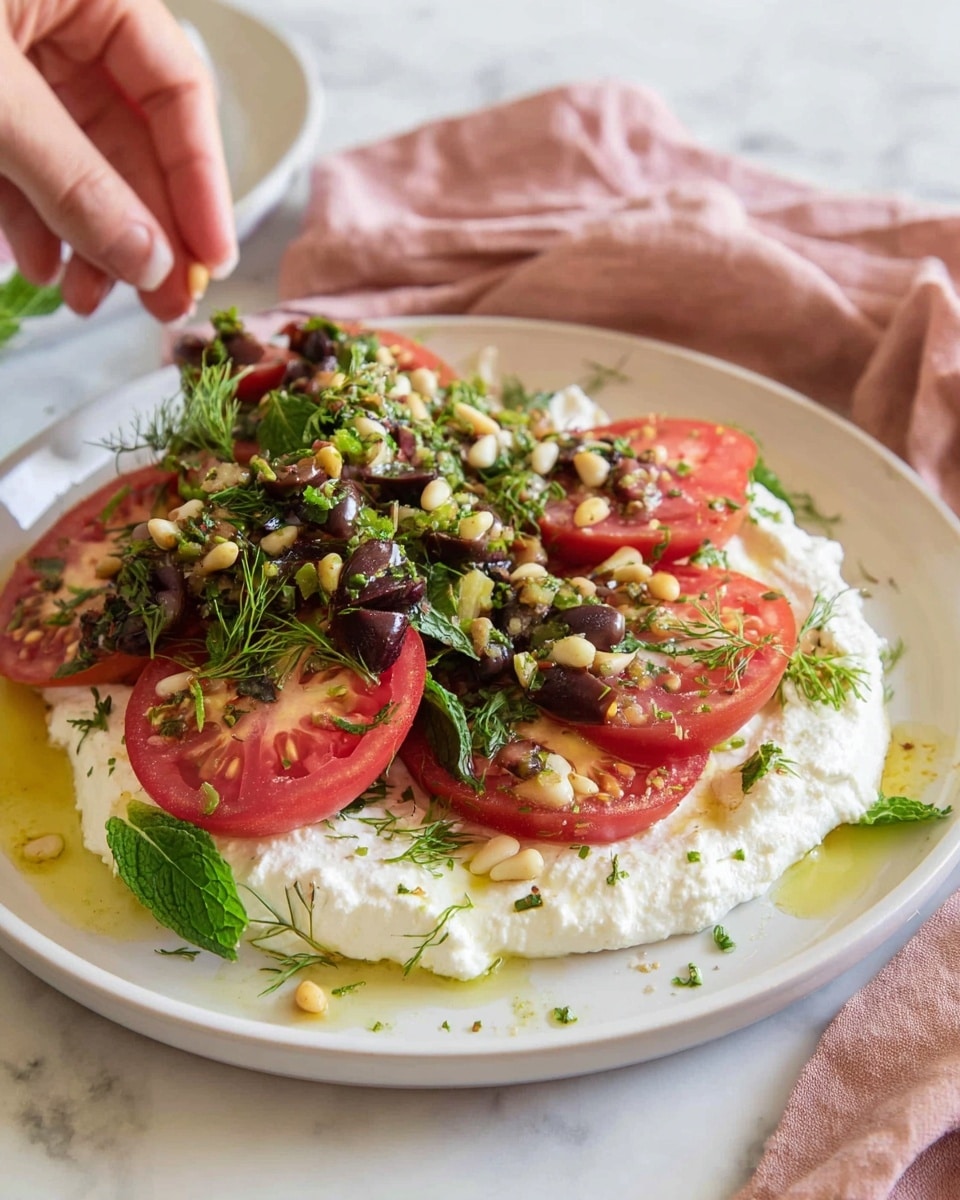 A white plate shows a dish with two main layers; the bottom layer is creamy white with a soft texture, likely ricotta or whipped cheese spread thickly across the plate’s base, dotted with small green herbs and a slight drizzle of yellow oil. On top, there are several slices of red tomato, each showing the juicy inside with green seeds and slightly translucent skin. The tomato slices are covered with a colorful mix of finely chopped green herbs, dark chopped olives, and sprinkled with small white pine nuts. Some fresh green leaves like mint and dill sprigs are scattered on the top adding texture and color. The plate sits on a white marbled surface with a soft pink cloth folded nearby, and a woman's hand is gently placing the tomato on the plate. photo taken with an iphone --ar 4:5 --v 7