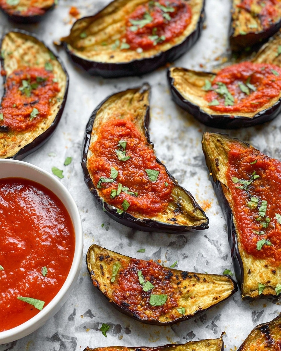 The image shows several slices of roasted eggplant arranged on parchment paper with a white marbled background. Each slice has a dark purple outer skin and a golden brown inside with a slightly wrinkled texture, topped with a layer of bright red tomato sauce and sprinkled with small green herb pieces. The slices are crescent-shaped, unevenly spread across the surface, and some have a bit of charring around the edges. There is also a small white bowl partially visible at the bottom left corner, filled with more red tomato sauce. Photo taken with an iphone --ar 4:5 --v 7
