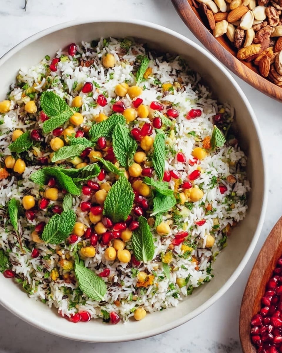 The image shows a white bowl filled with a colorful rice dish. The bottom layer is mainly white rice mixed with bits of green herbs and some darker grains scattered throughout. On top, there are small yellow chickpeas, bright red pomegranate seeds, and whole fresh mint leaves spread evenly across the surface. The bowl sits on a white marbled textured surface. Nearby, there is a glimpse of a wooden plate holding a mix of nuts and seeds. Photo taken with an iphone --ar 4:5 --v 7