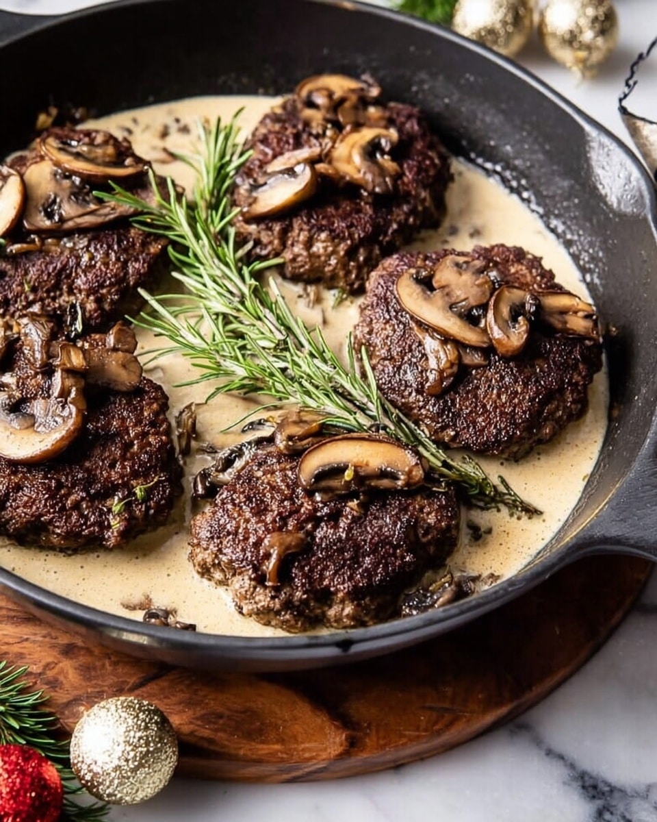 A black pan contains four dark brown cooked meat pieces placed on a creamy light beige sauce that fills the base of the pan; on top of and around the meat are golden brown sautéed mushroom slices and sprigs of fresh green rosemary adding color and texture; coarse salt and cracked black pepper are sprinkled lightly over everything, creating a rustic look; the pan sits on a wooden board with small bowls of red peppercorns and a red Christmas ornament nearby; the background has a white marbled texture photo taken with an iphone --ar 4:5 --v 7