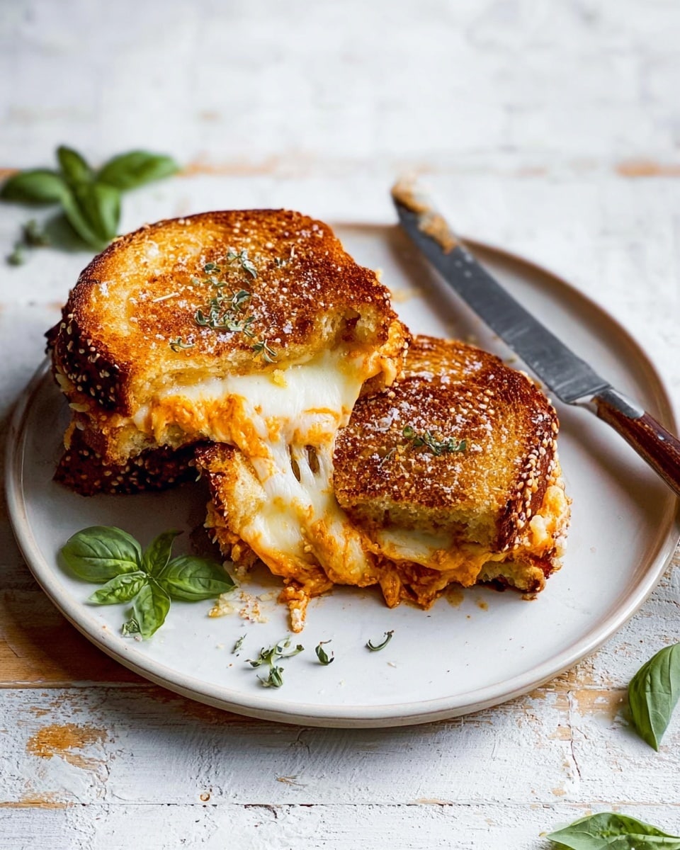 The image shows two halves of a toasted sandwich on a white plate with a knife beside it. The sandwich has three visible layers: the top and bottom are golden brown toasted bread with a thick, crunchy texture sprinkled with white sesame seeds and small green herbs. Inside, there is a layer of melted white cheese stretching and pulling apart, along with a slightly orange filling that looks saucy with bits of meat. Around the plate, there are small green basil leaves for decoration. The background is a white marbled texture with soft natural lighting. photo taken with an iphone --ar 4:5 --v 7