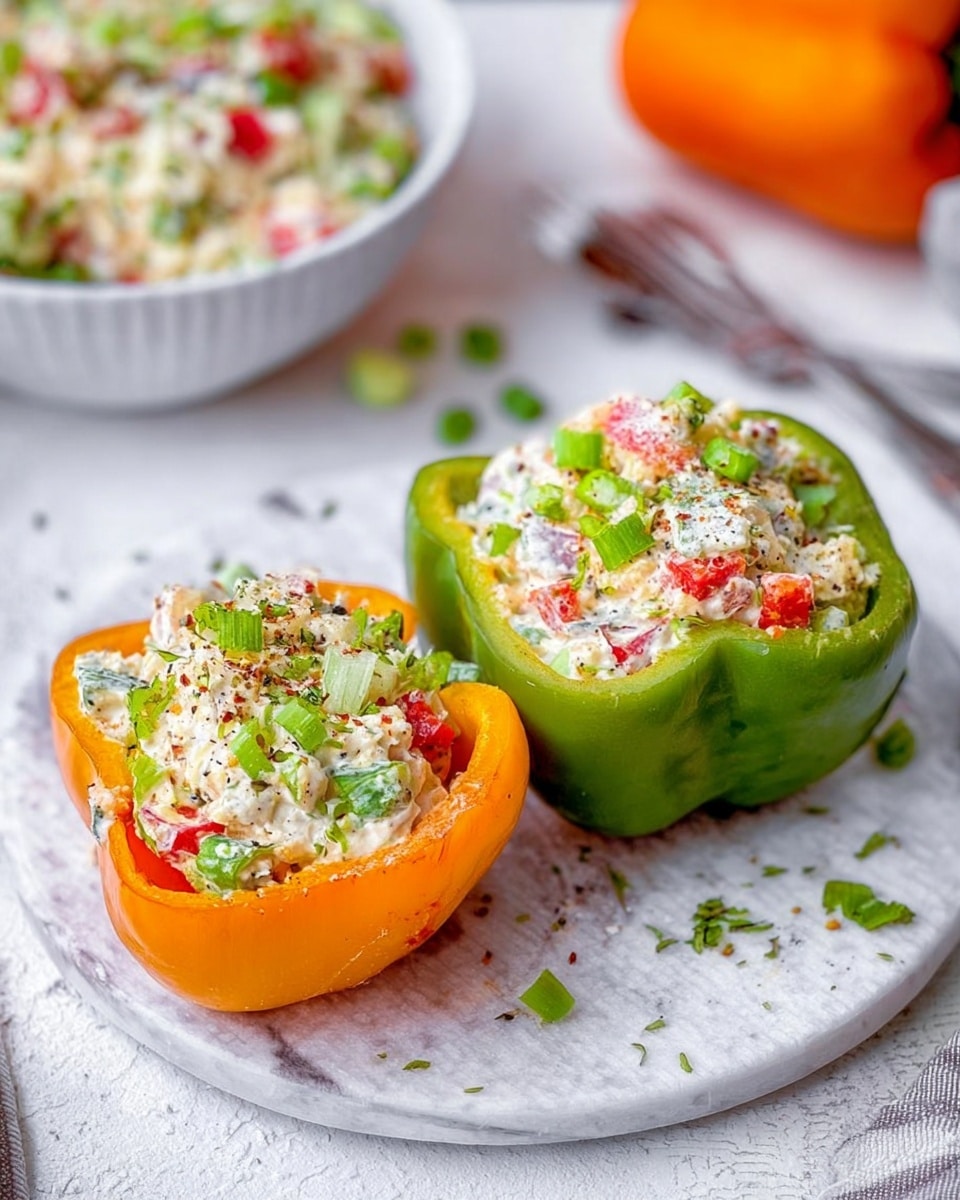 A close-up of two halved bell peppers filled with a creamy white salad mix. The front halved bell pepper is green with a smooth, fresh texture, filled with a white creamy salad that includes small pieces of red and green bell peppers, finely chopped cucumbers, and herbs sprinkled on top. Behind it, a halved red bell pepper is similarly filled with the same salad, showing bits of green vegetables and herbs on top. Both peppers sit on a white marbled surface with another whole red bell pepper blurred in the background. Small green herb pieces are scattered lightly on the surface near the peppers. Photo taken with an iphone --ar 4:5 --v 7