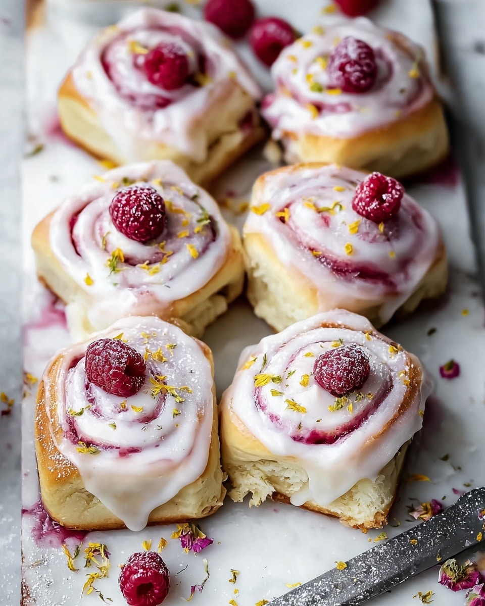 The image shows six small square cinnamon rolls with three main layers: a base of light golden-baked dough, a middle layer swirled with light pink raspberry filling, and a top layer of white icing that covers the rolls unevenly, with the pink color from the filling blending into it. Each roll is topped with a single red raspberry in the center, sprinkled with small yellow and green edible flower bits, and dusted lightly with white powdered sugar. The rolls are placed close together on a white marbled surface with a knife nearby, and a few loose raspberries and flower bits are scattered around. Photo taken with an iphone --ar 4:5 --v 7
