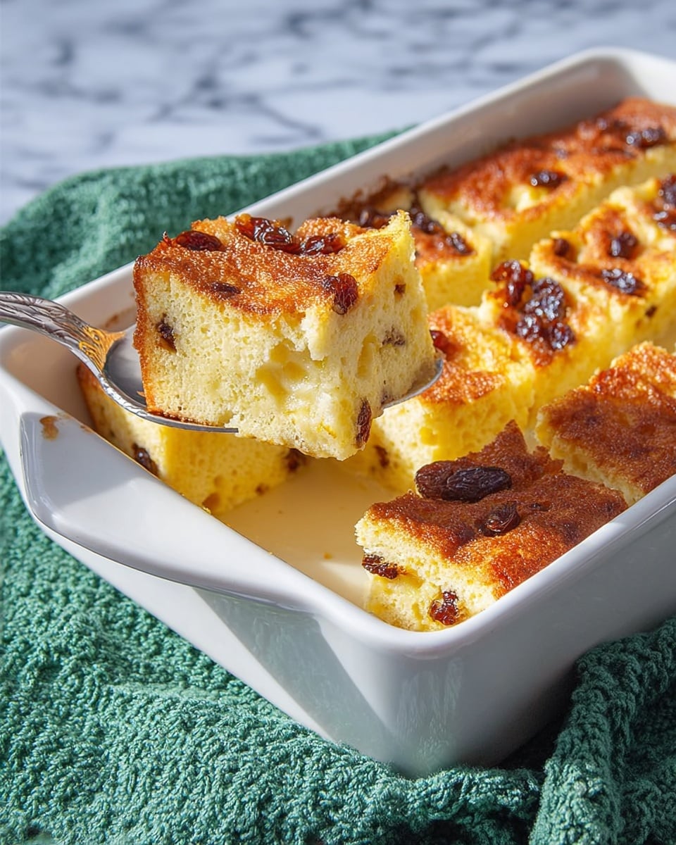 A white ceramic baking dish filled with neatly arranged golden brown bread pudding cut into rectangular pieces, showing a slightly crispy texture on top with some small dark spots where raisins or dried fruits are embedded. One piece is lifted by a silver spoon, revealing a soft, moist, and creamy yellow inside. In the background, there is a larger loaf of the same bread pudding with visible raisins, sitting on a green cloth on a white marbled surface. photo taken with an iphone --ar 4:5 --v 7