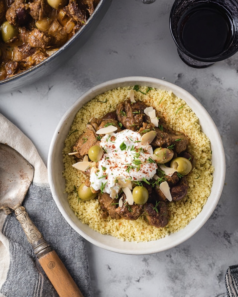 A white bowl holds three main layers: at the bottom, pale yellow couscous with a soft, grainy texture forms the base; on top, chunks of dark brown stewed meat mixed with green large olives add a rich, hearty look; finishing the center of the dish is a dollop of white creamy sauce sprinkled with thin almond slices, red spice powder, and torn green herb leaves. The bowl is set on a white marbled surface, with part of a beige cloth visible on the side and a glass of dark red liquid in the top right corner. photo taken with an iphone --ar 4:5 --v 7