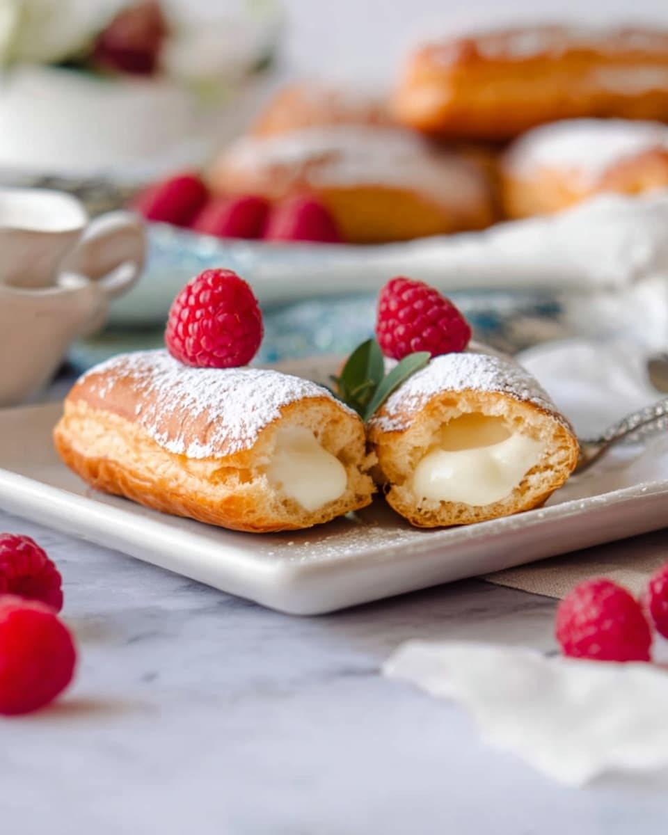 A white rectangular plate holds two golden brown éclairs with a dusting of white powdered sugar on top. One éclair is whole while the other is cut in half, showing a smooth, creamy white filling inside. A small green leaf and a red raspberry sit on the top of the cut éclair. Around the plate are scattered fresh raspberries and there are more éclairs blurred in the background on a white marbled surface. Photo taken with an iphone --ar 4:5 --v 7