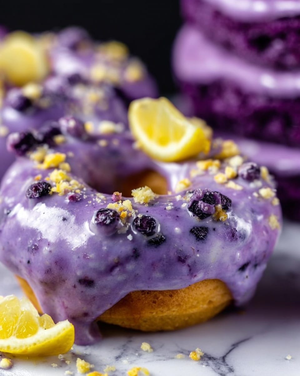 A close-up of a purple donut covered in thick, shiny lavender icing with small dark purple bits mixed in, topped with a small yellow lemon wedge and sprinkled with tiny crushed nuts. The donut has a soft, fluffy texture with visible swirls of darker purple inside. The background shows another layered purple cake blurred out, with similar icing and decoration. The scene is set on a white marbled surface, creating a clean and bright contrast. Photo taken with an iphone --ar 4:5 --v 7