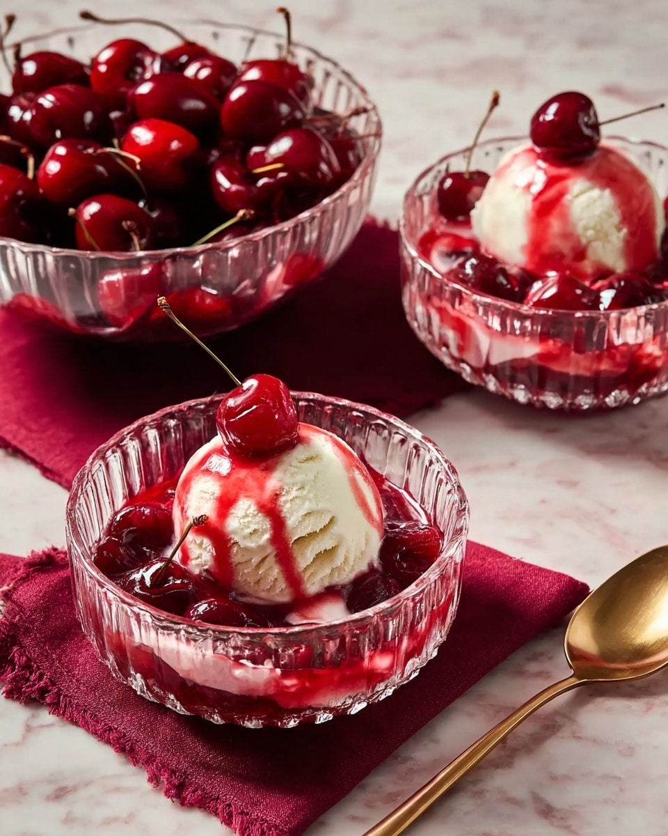 A clear glass bowl filled with many bright red and dark red cherries covered in a shiny syrup sits on a white marbled surface. To the left, there is a smaller clear glass bowl with a scoop of white ice cream topped with some cherries and red syrup dripping down. The bowls catch light, creating soft round shadows and reflections around them. Photo taken with an iphone --ar 4:5 --v 7