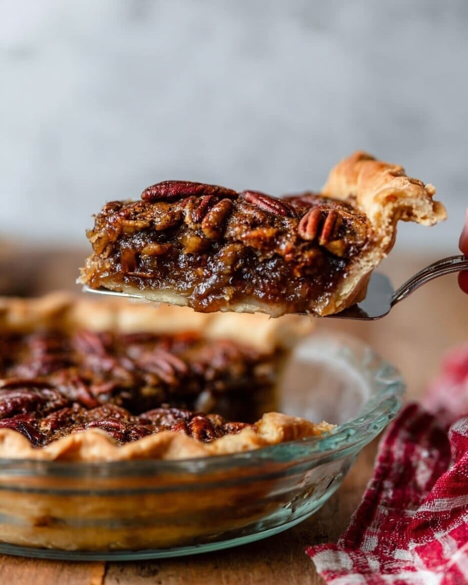 A slice of pecan pie is lifted above a clear glass pie dish sitting on a wooden table with a white marbled background. The pie has a golden-brown crust with a thick layer of shiny, dark caramel filling mixed with whole pecans on top. The pecans are glossy and densely packed, creating a textured surface with their rich brown color. The crust is flaky and slightly elevated, holding the filling securely. A woman's hand holds the pie slice with a silver spatula. A red and white checkered cloth is partially visible on the right side of the pie dish. Photo taken with an iphone --ar 4:5 --v 7