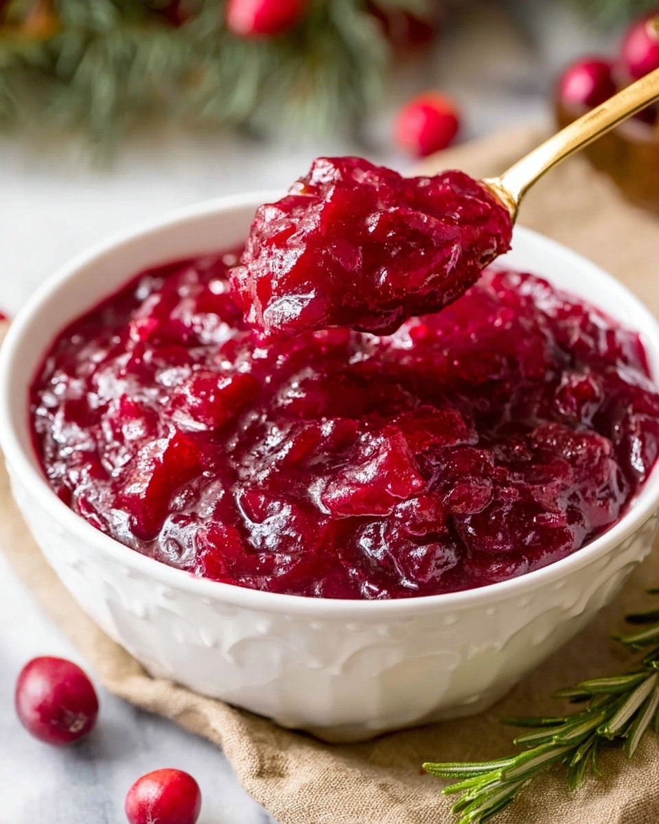 A white bowl filled with thick, chunky bright red cranberry sauce that has a shiny, slightly wet texture. A gold spoon is scooping up some of the sauce from the bowl, with the sauce appearing dense and textured with visible pieces of cranberries. Around the bowl are a few whole fresh cranberries and sprigs of rosemary on a light brown cloth, all set on a white marbled surface. The background is softly blurred with hints of green and red colors. Photo taken with an iphone --ar 4:5 --v 7