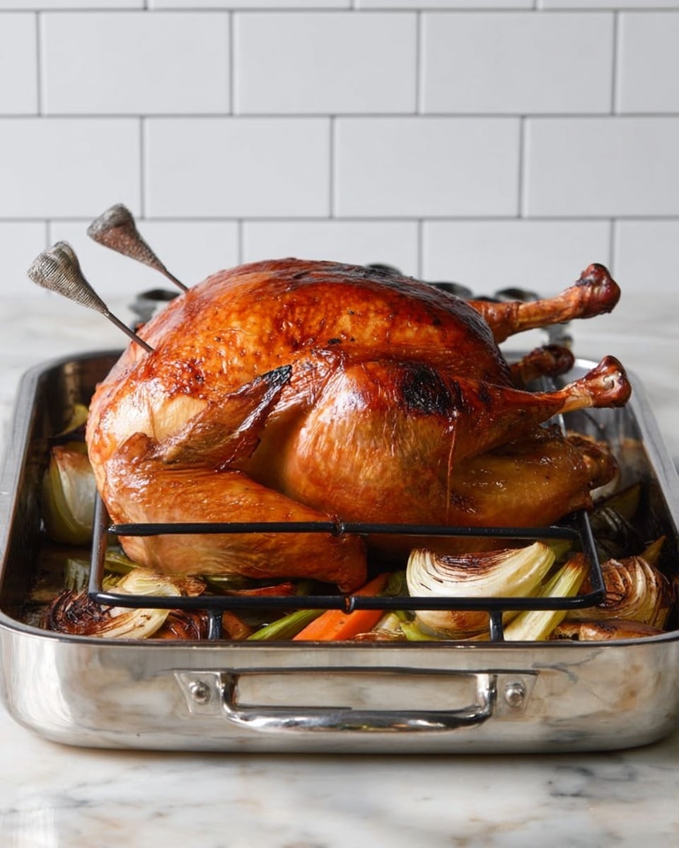 The image shows a whole roasted turkey with shiny golden-brown skin sitting on a black roasting rack inside a shiny silver roasting pan. The turkey's legs and wings are fully cooked with crispy, browned edges. Below the turkey in the pan are roasted vegetables including sliced onions, celery stalks, and small whole carrots, all with a darker roasted color. The surface under the pan is a white marbled texture and the background has white subway tiles. A metal thermometer probe is inserted into the turkey. Photo taken with an iphone --ar 4:5 --v 7